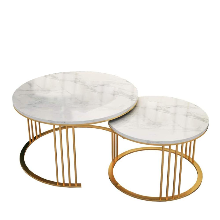 center set of 2 round marble top with metal base table