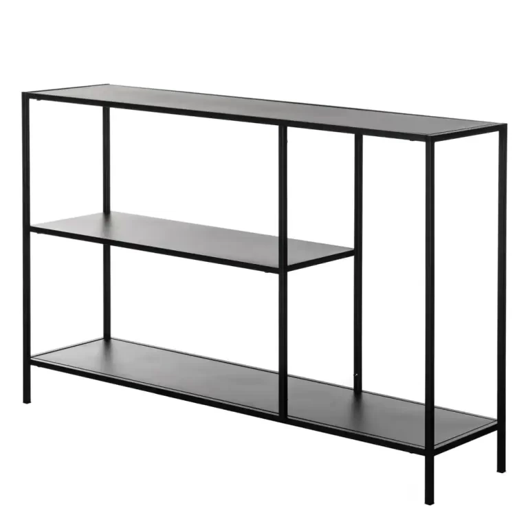 black modern display metal console table with open shelfs